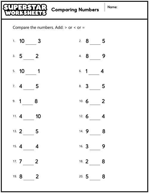 comparing whole numbers worksheets