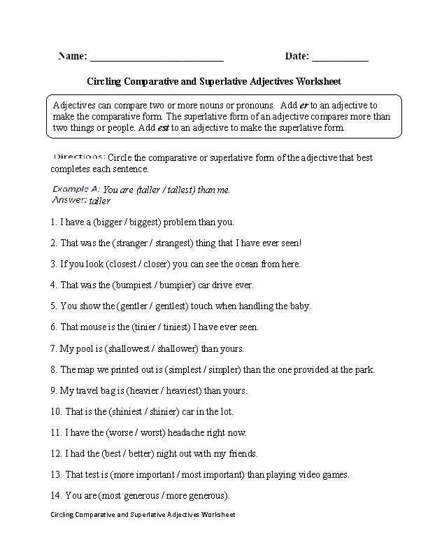comparison of adjectives exercises worksheets