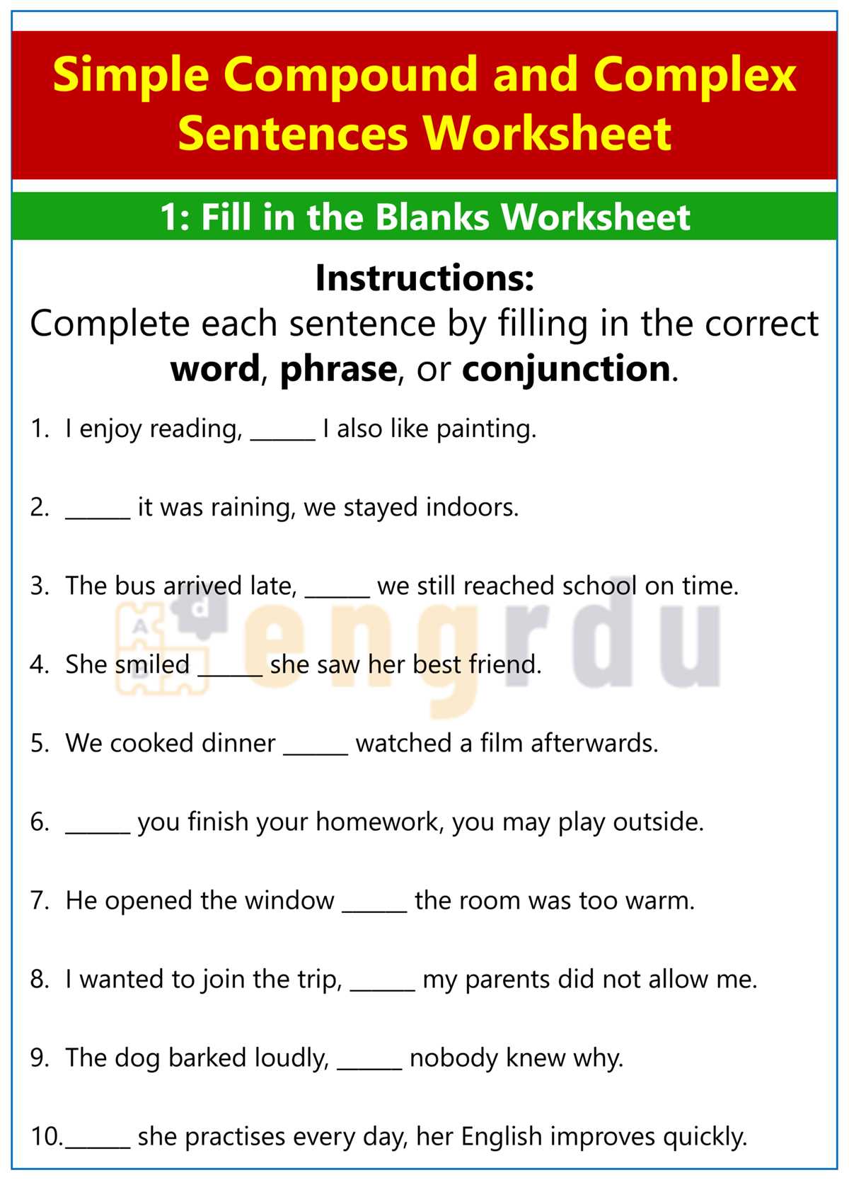 complex and compound sentences worksheet