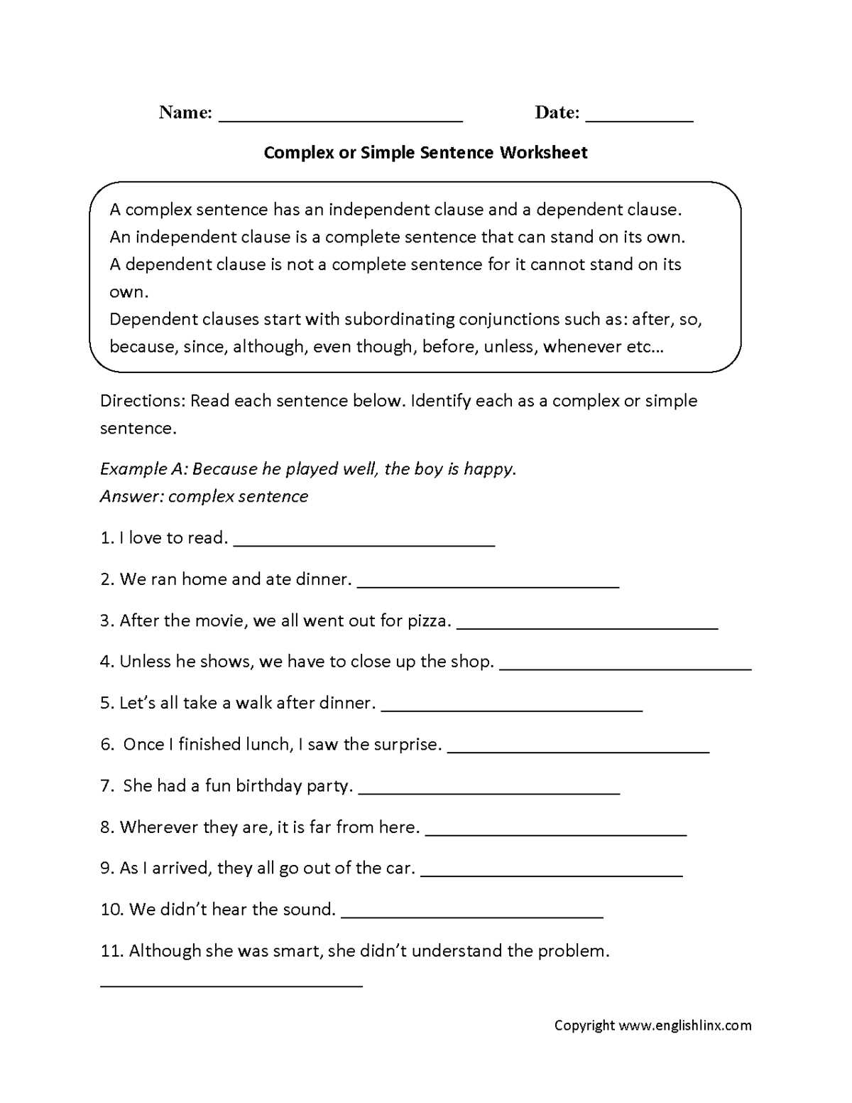 complex simple and compound sentences worksheet