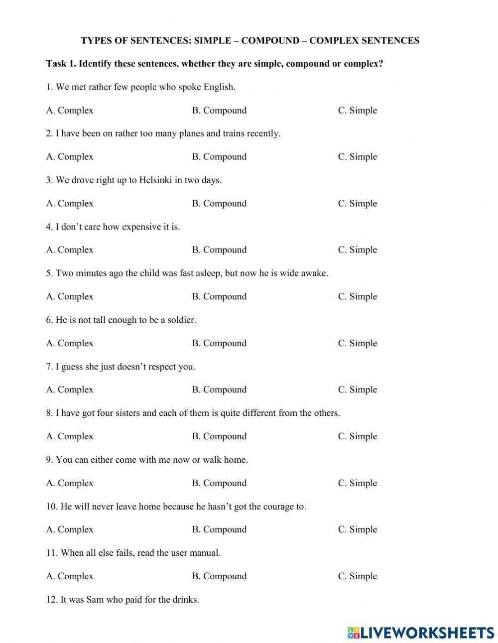 compound complex and simple sentences worksheet