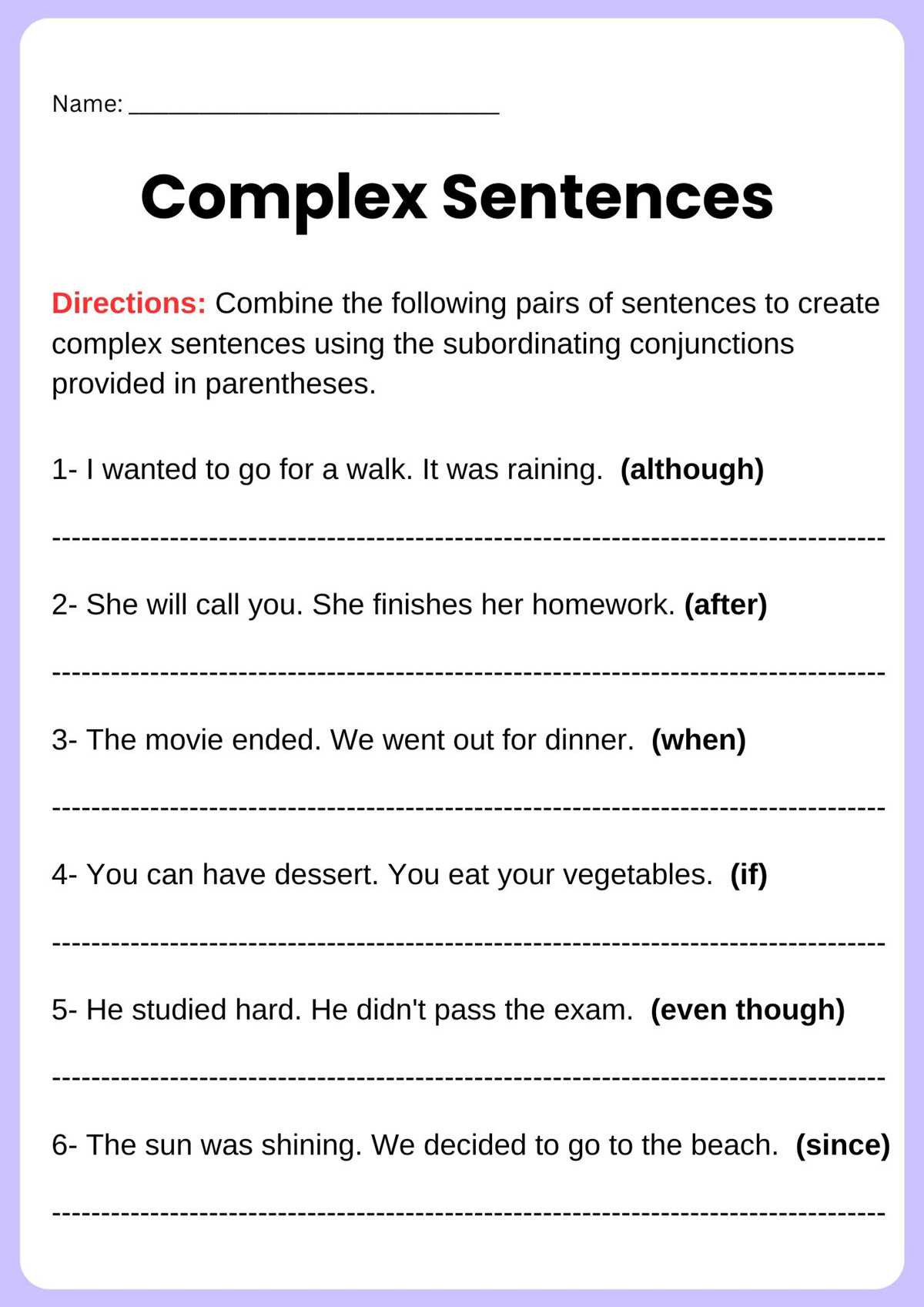 compound sentence and complex sentences worksheet