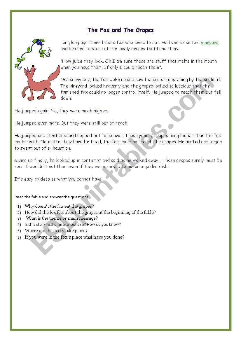 comprehension the fox and the grapes worksheet