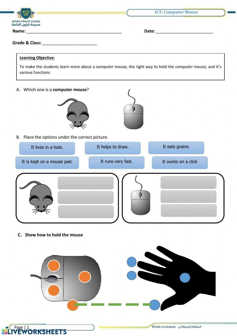 computer mouse worksheet for class 1