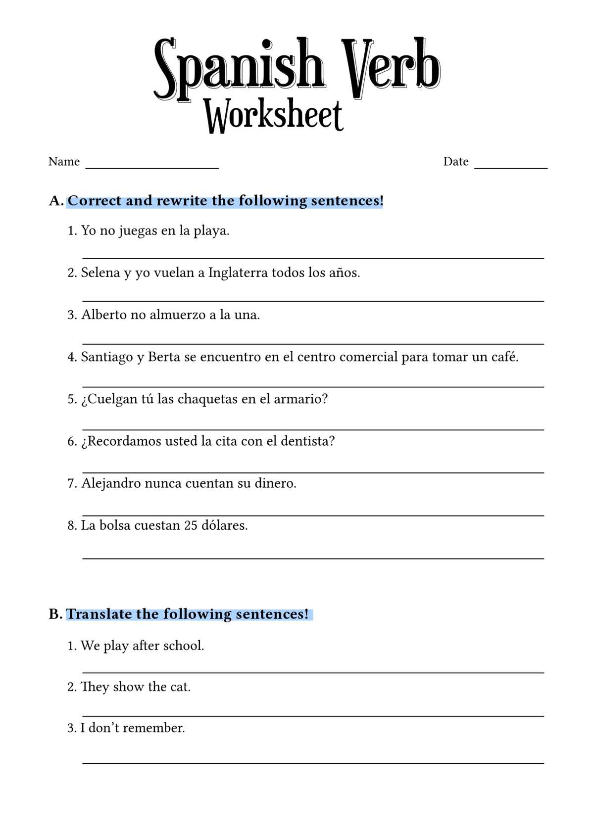 conjugation worksheet spanish