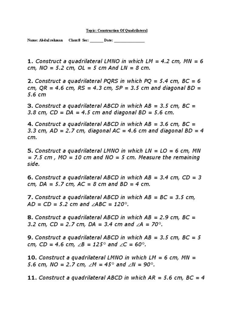 constructing quadrilaterals worksheet constructing quadrilaterals worksheet