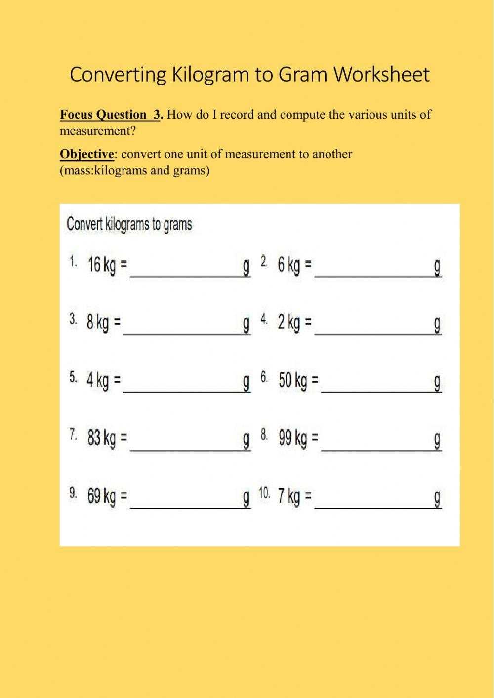 conversion grams to kilograms worksheets