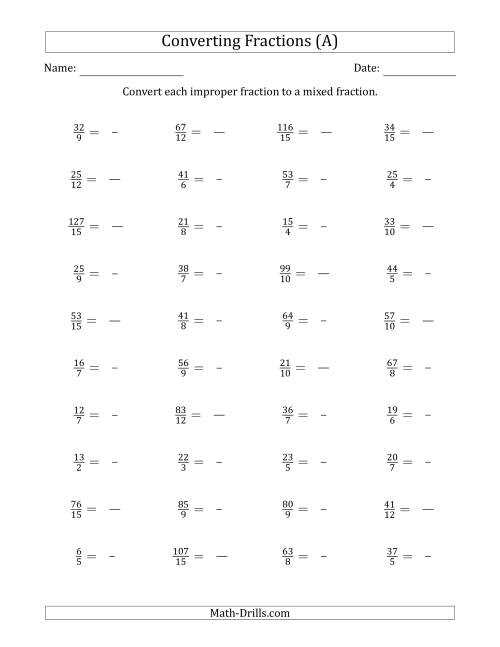 convert improper fraction into mixed fraction worksheet