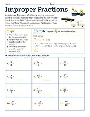 convert improper fraction into mixed fraction worksheet