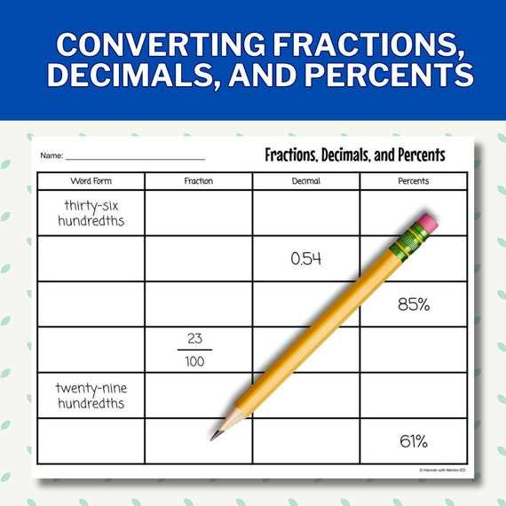 converting fractions decimals and percents worksheets