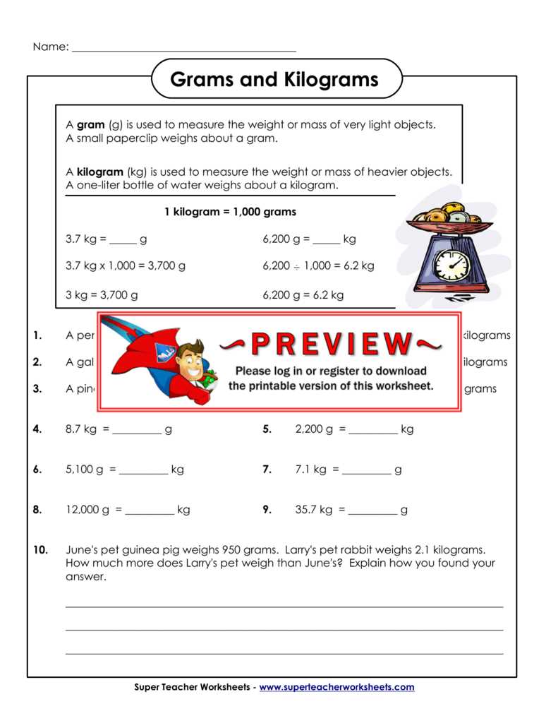 converting grams to kg worksheet