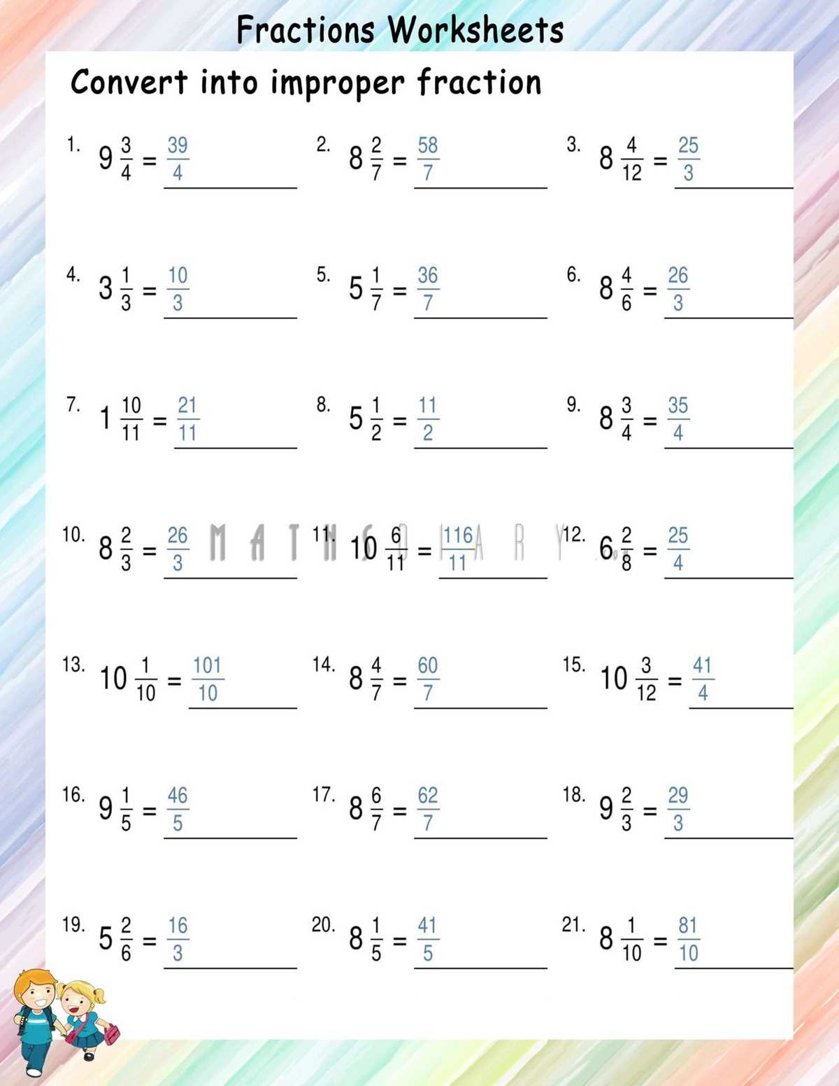 converting mixed fraction to improper fraction worksheet