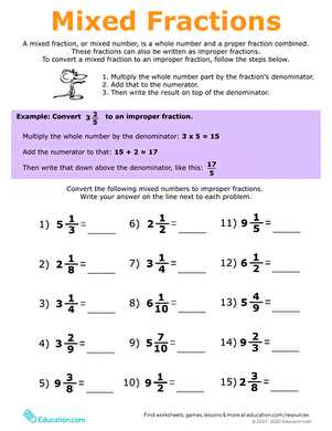 converting mixed fraction to improper fraction worksheet