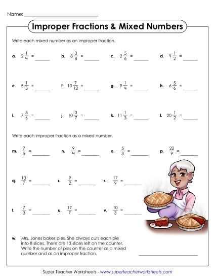 converting mixed numbers and improper fractions worksheet