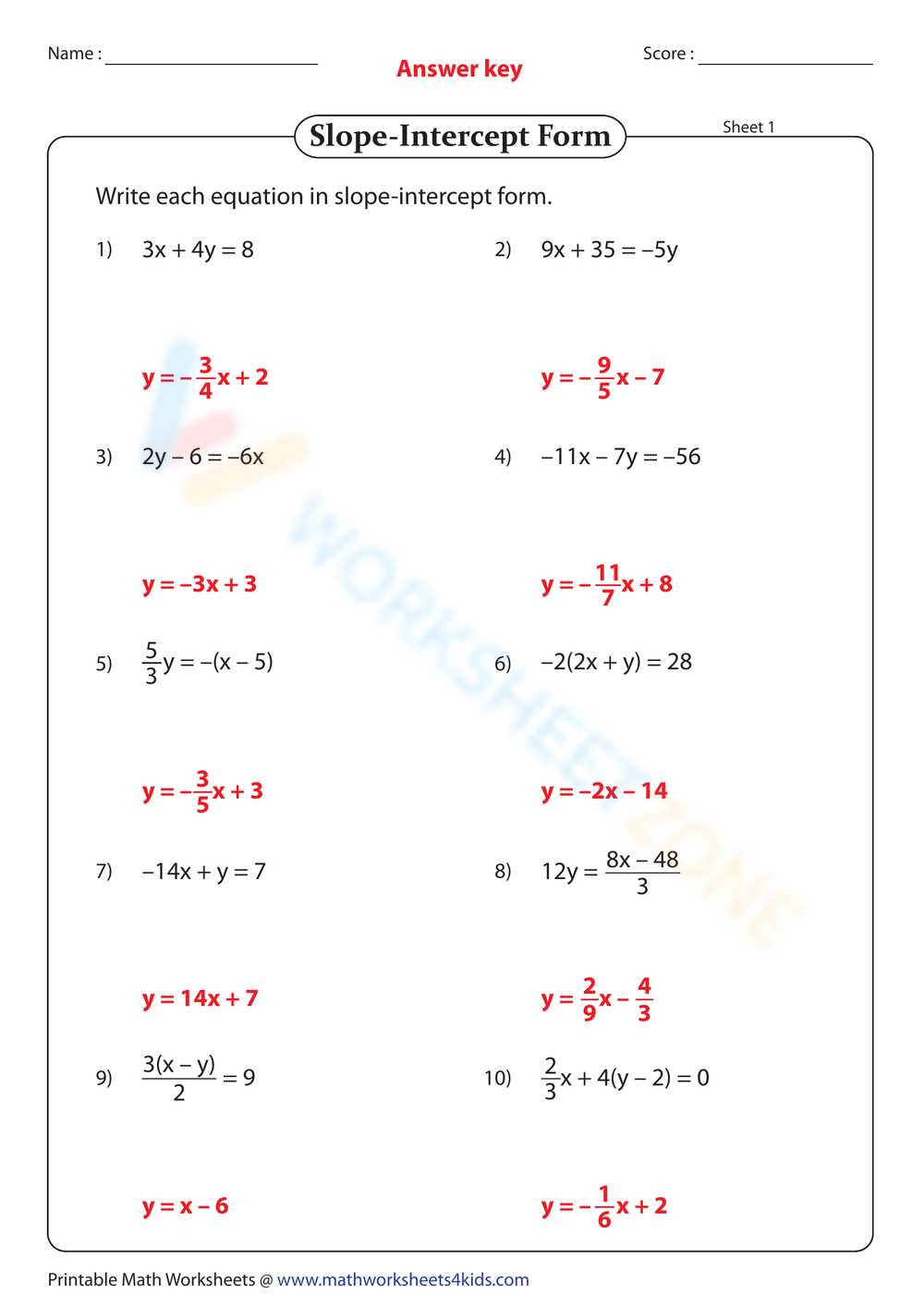 converting to slope intercept form worksheet