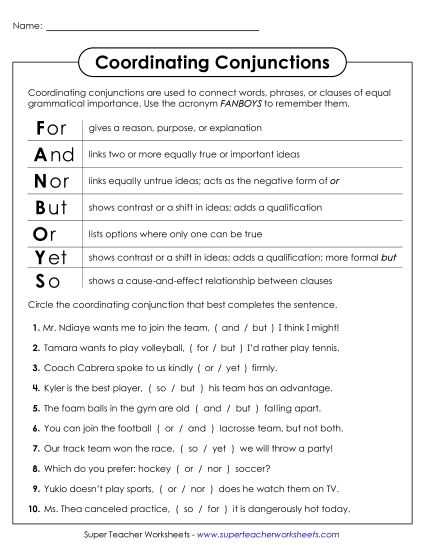 coordinating conjunctions worksheet