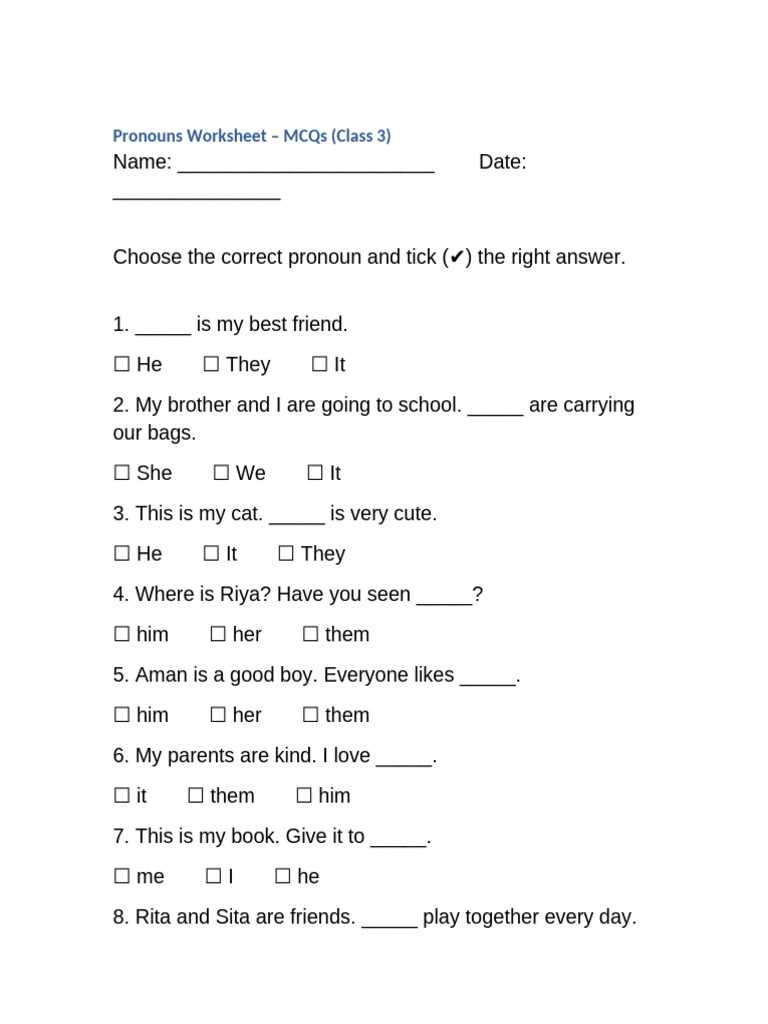 correct pronoun worksheet
