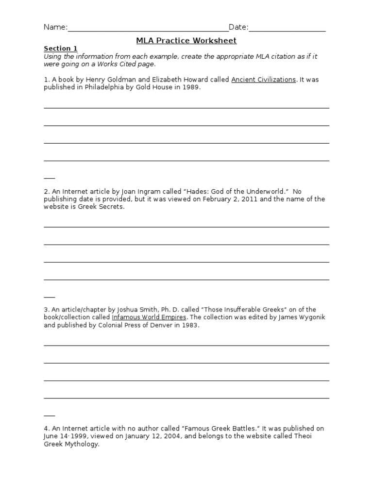 correcting mla citations worksheet