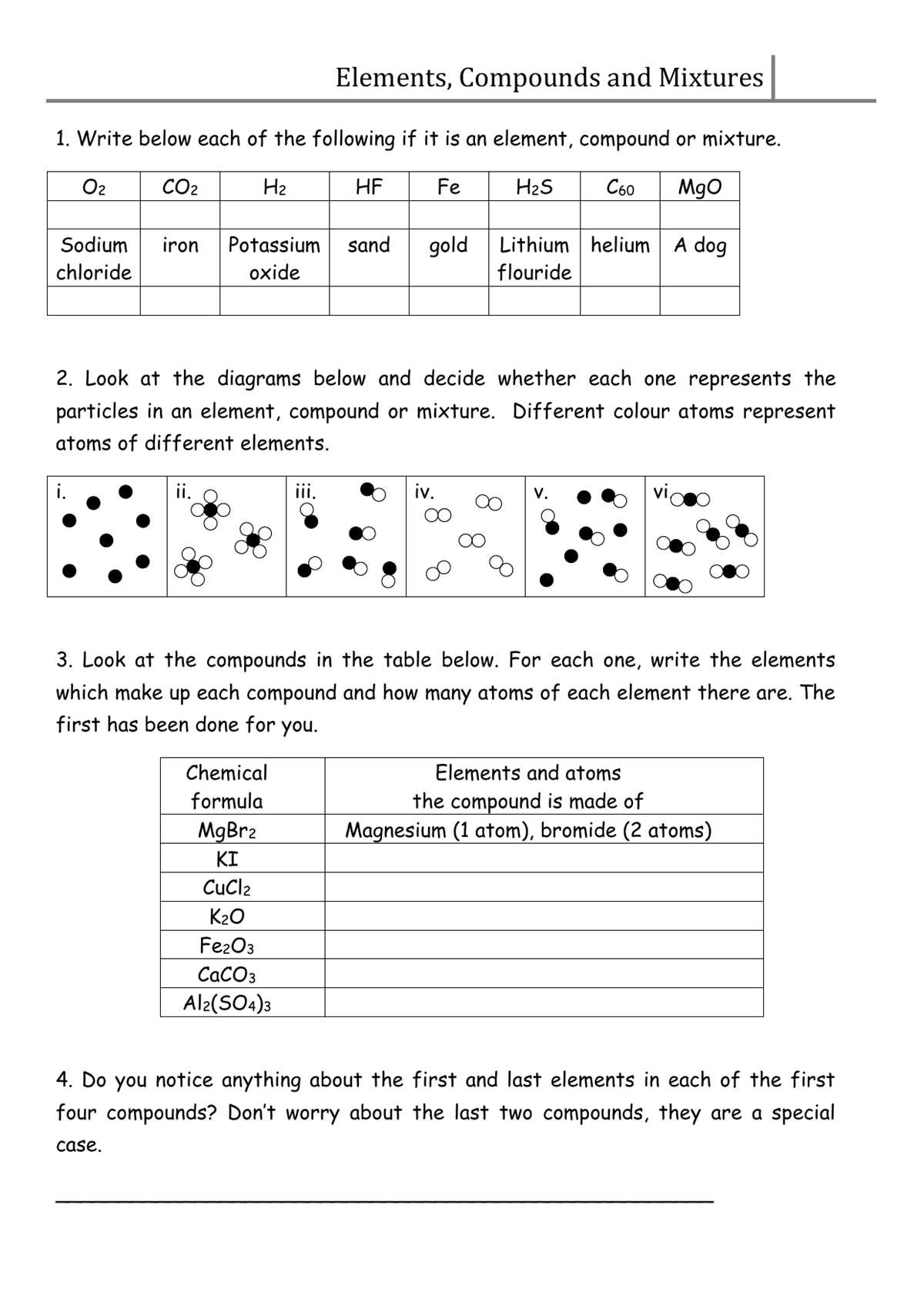 elements vs compounds vs mixtures worksheet