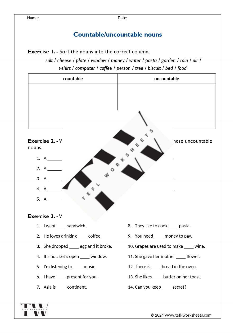 countable or uncountable worksheet