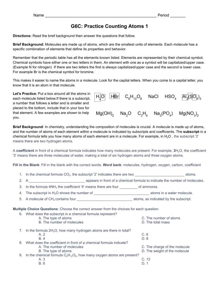 counting atoms in a chemical formula worksheet