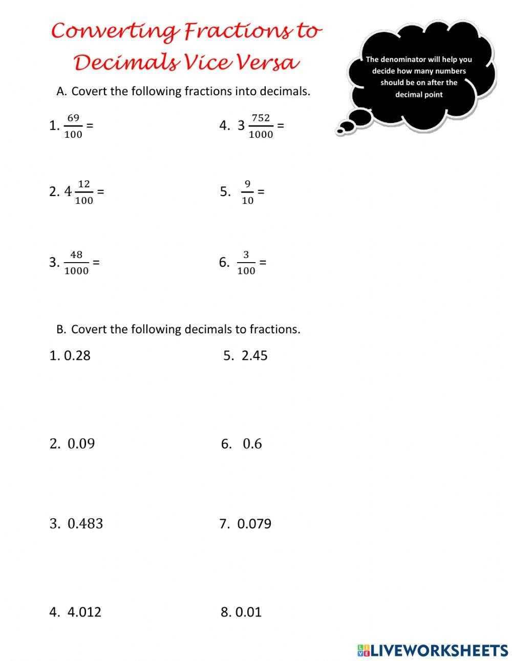 convert decimals to fractions worksheet