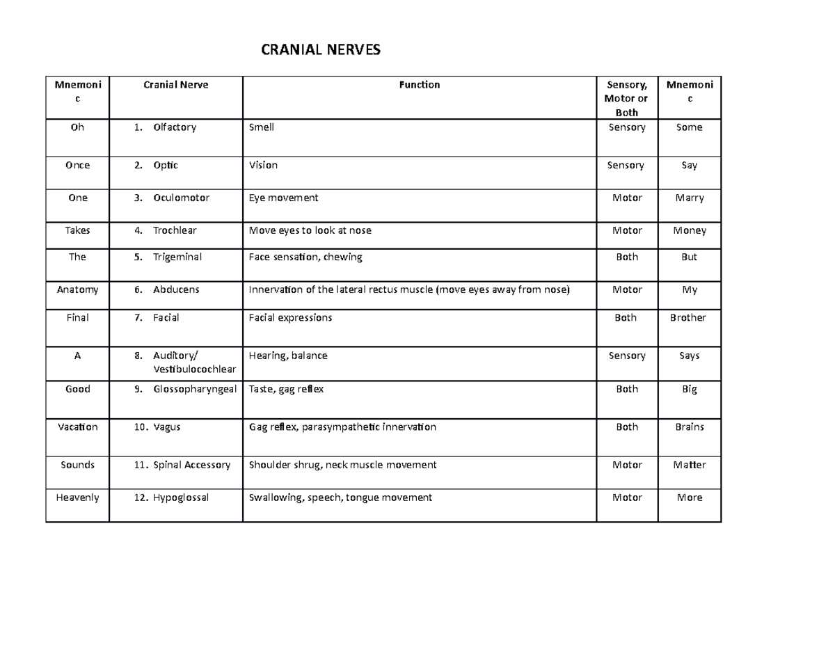 cranial nerves chart worksheet cranial nerves chart worksheet