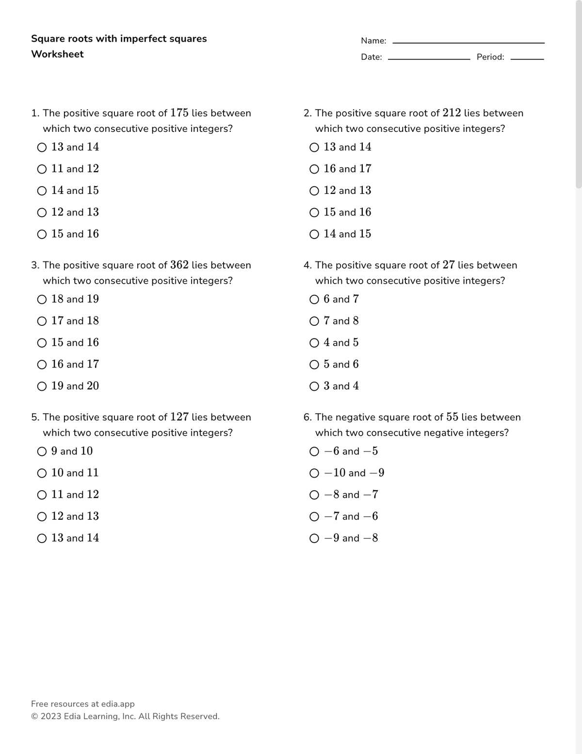 estimating square roots of non perfect squares worksheet