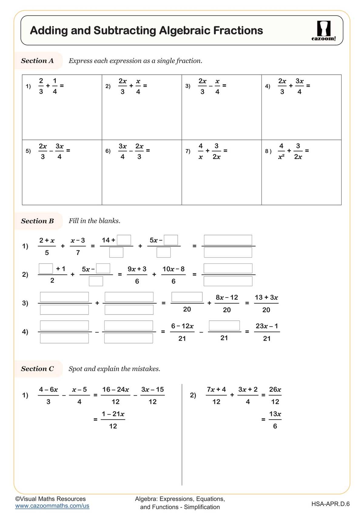 addition and subtraction of rational expressions worksheet