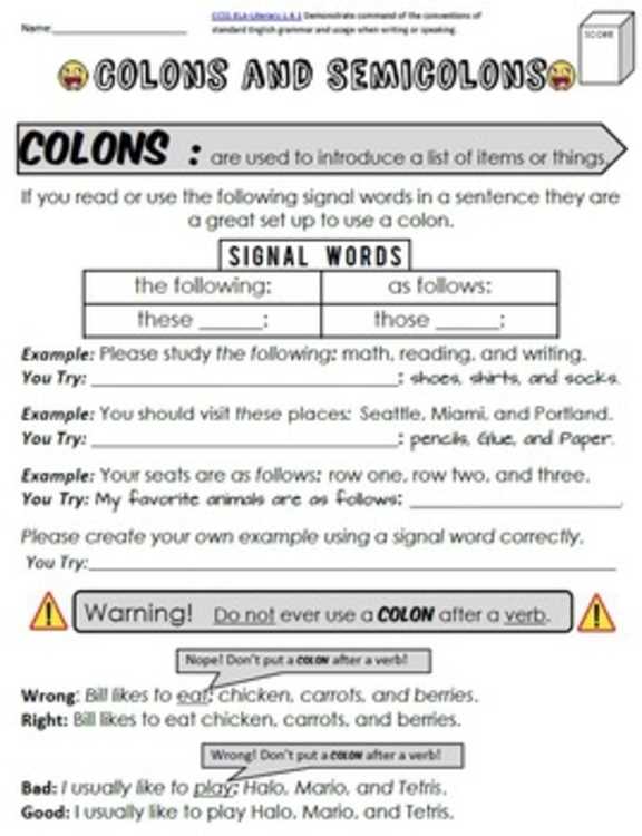 semicolon worksheet