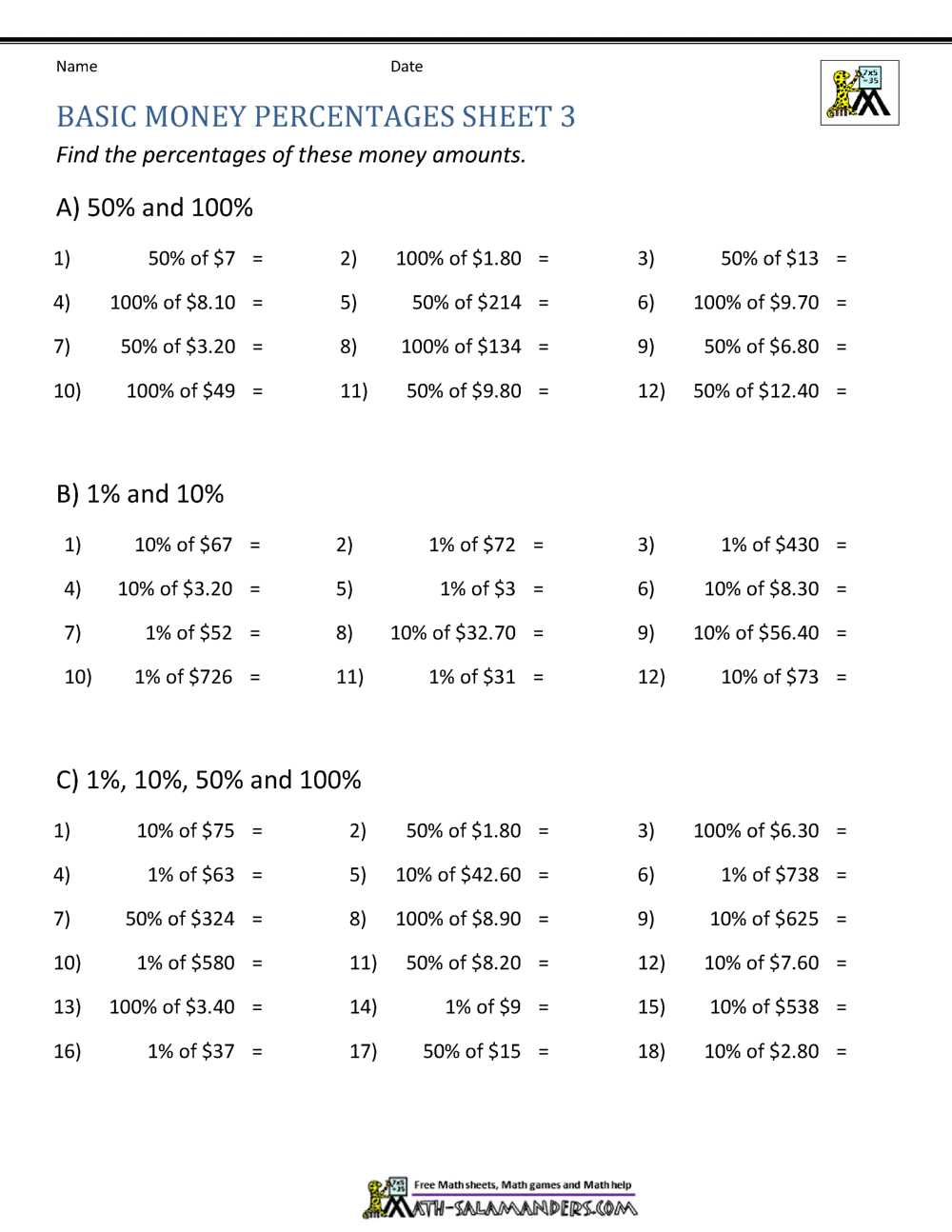 calculating percentages worksheet