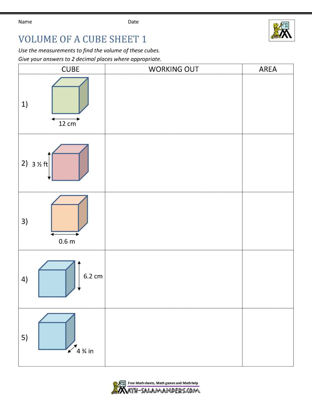 cubic volume worksheets