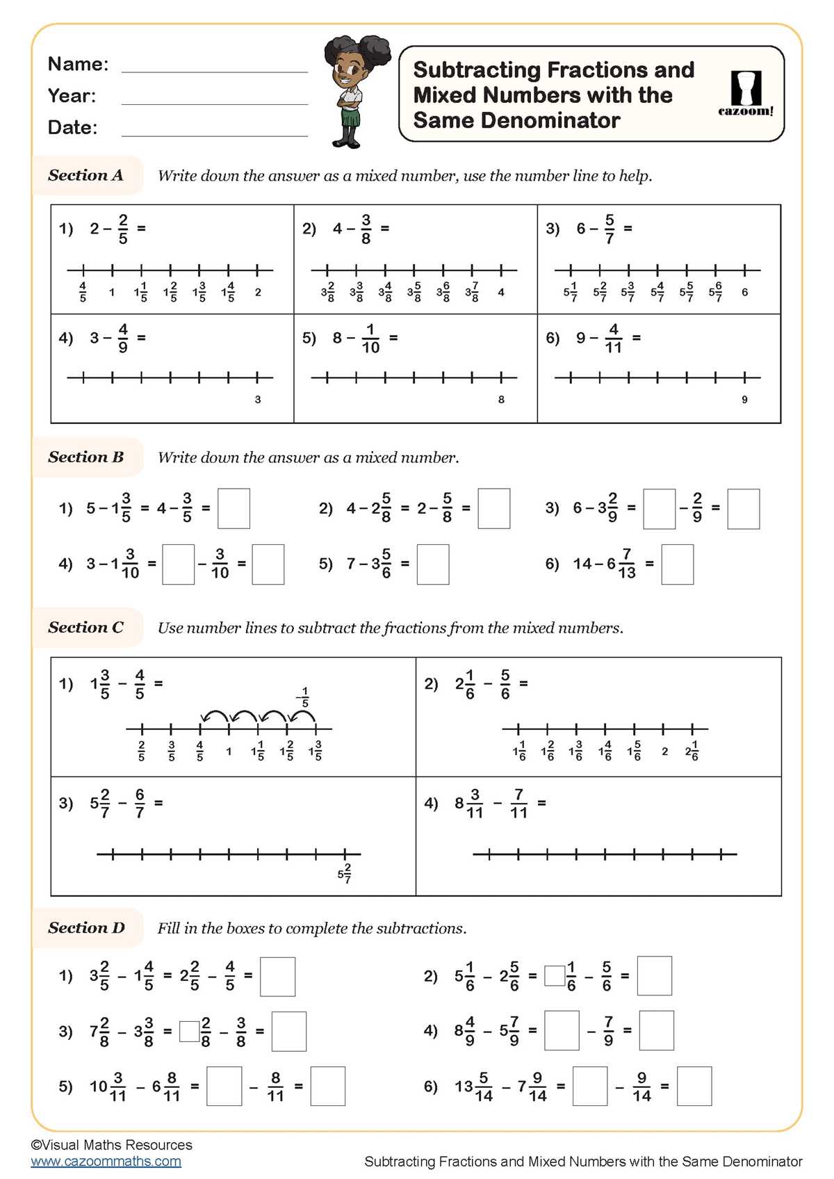 adding subtracting fractions and mixed numbers worksheet