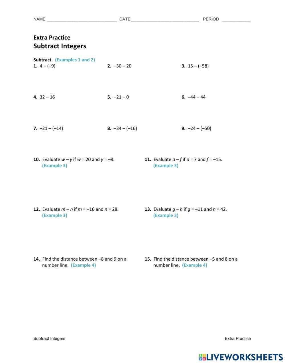 integers worksheet grade 7