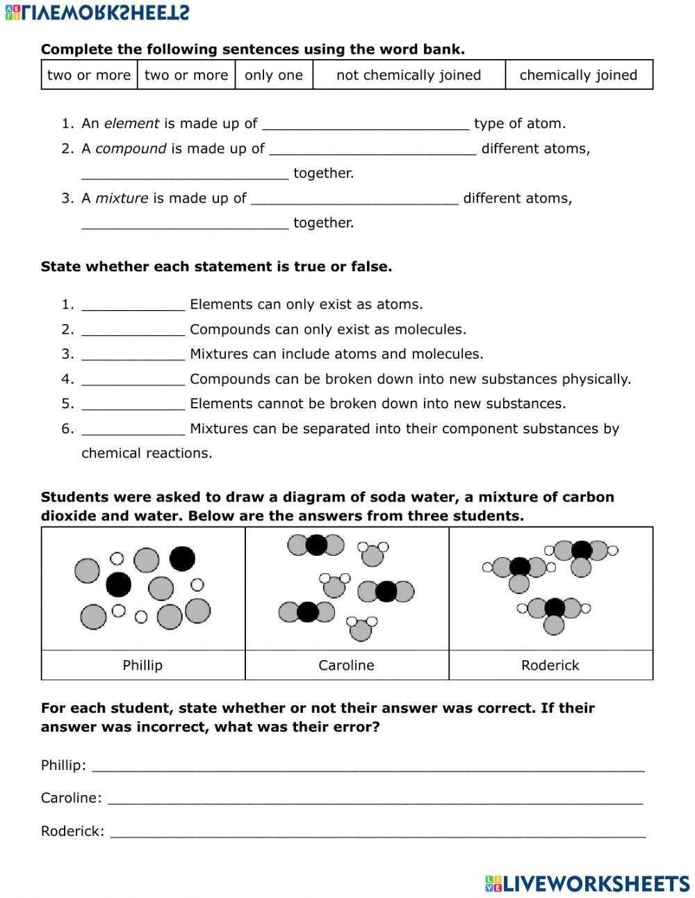 elements compounds and mixtures pictures worksheet