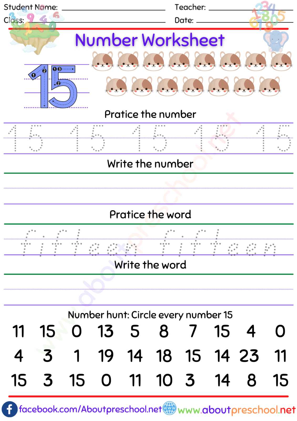 number 15 worksheets for preschool