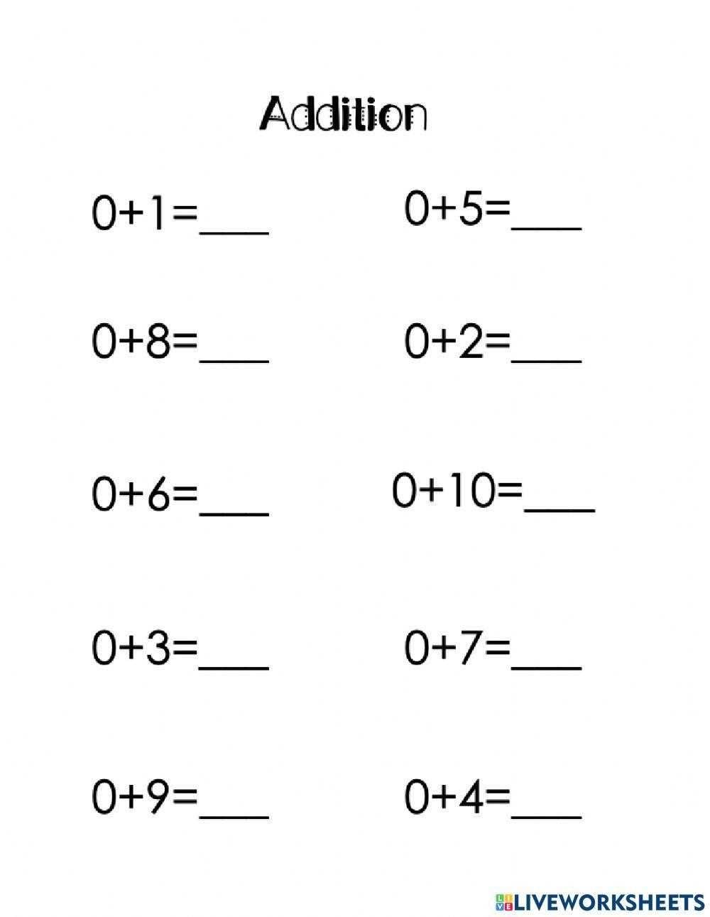 addition with zero worksheets
