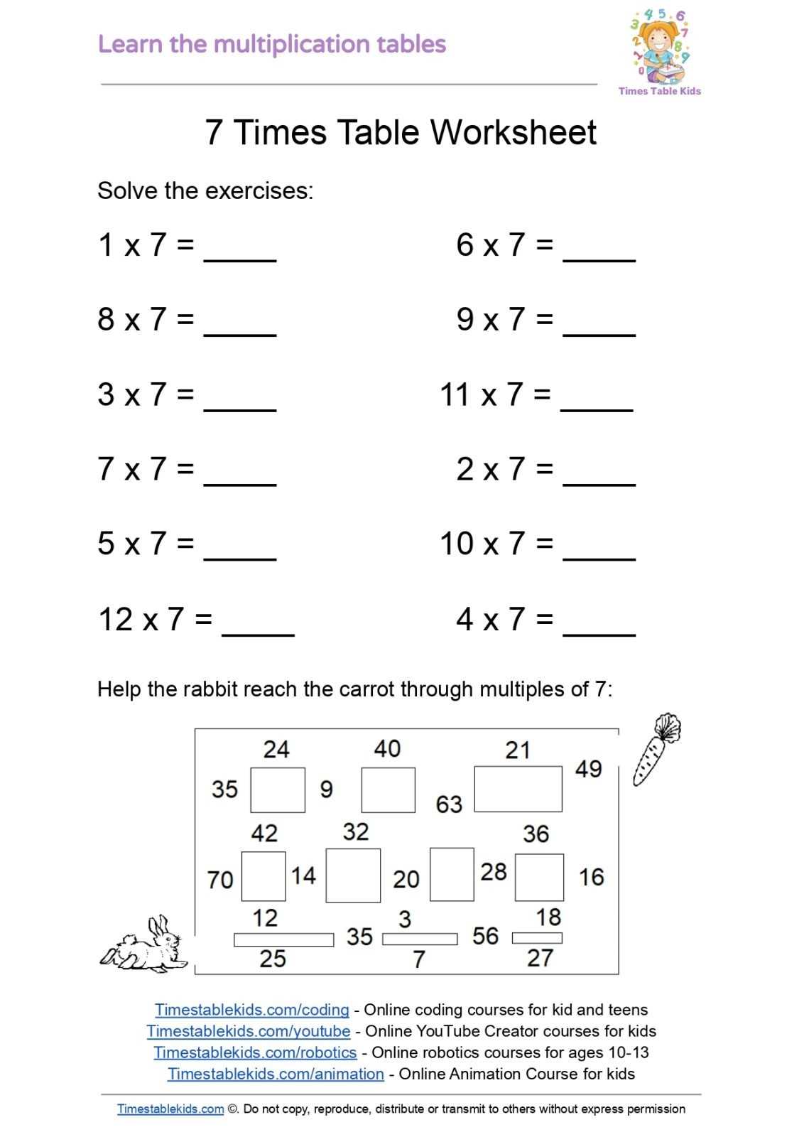 multiplication 7s worksheet