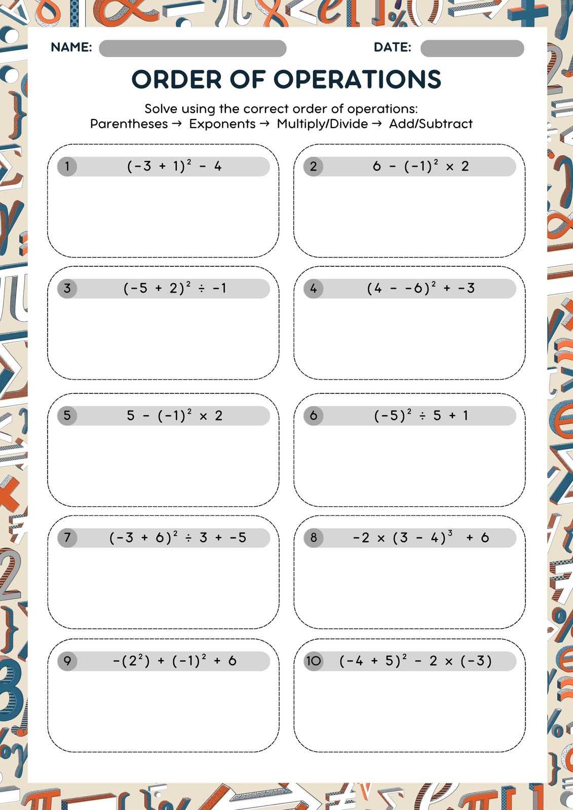 dads worksheets order of operations