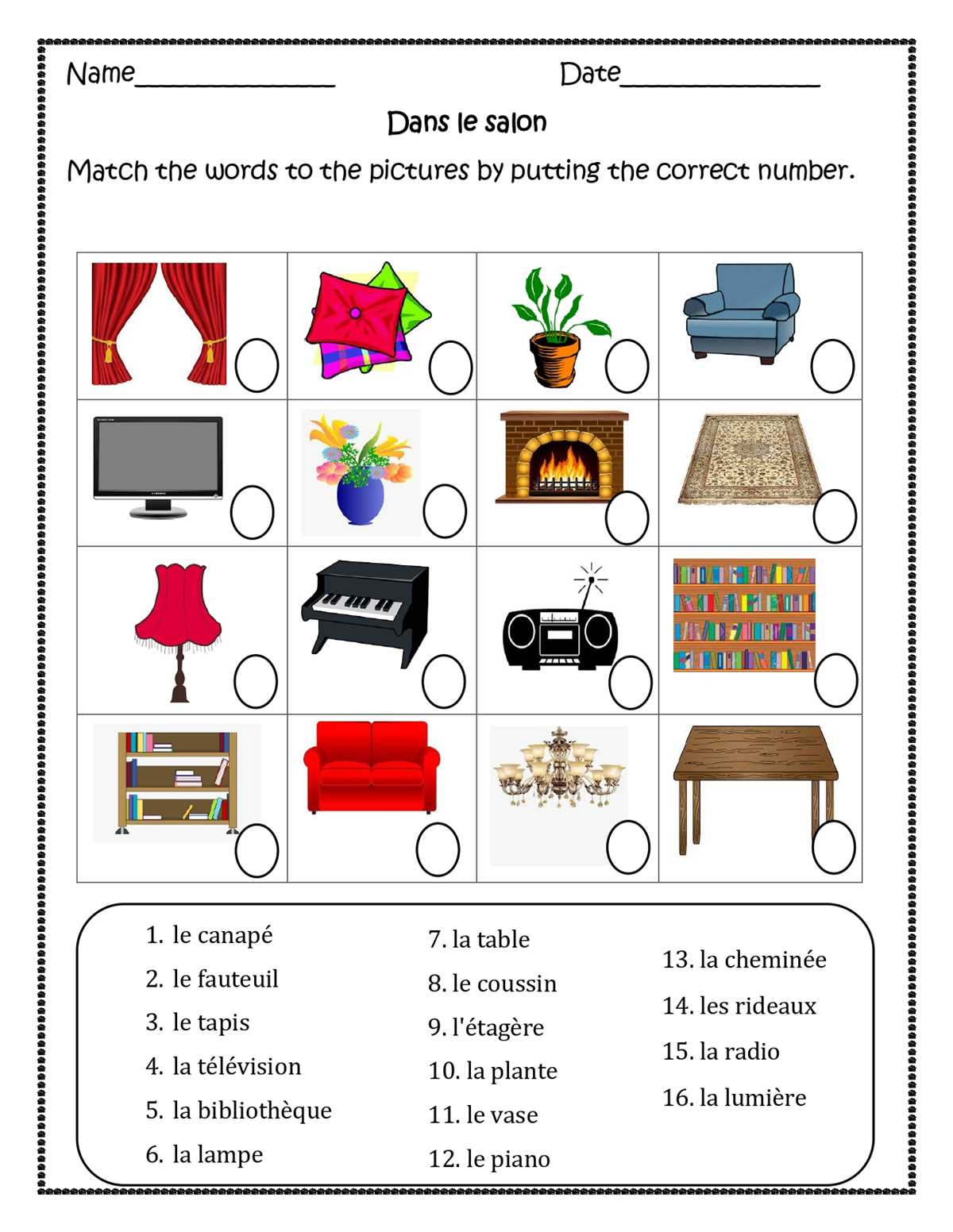 dans ma chambre worksheet