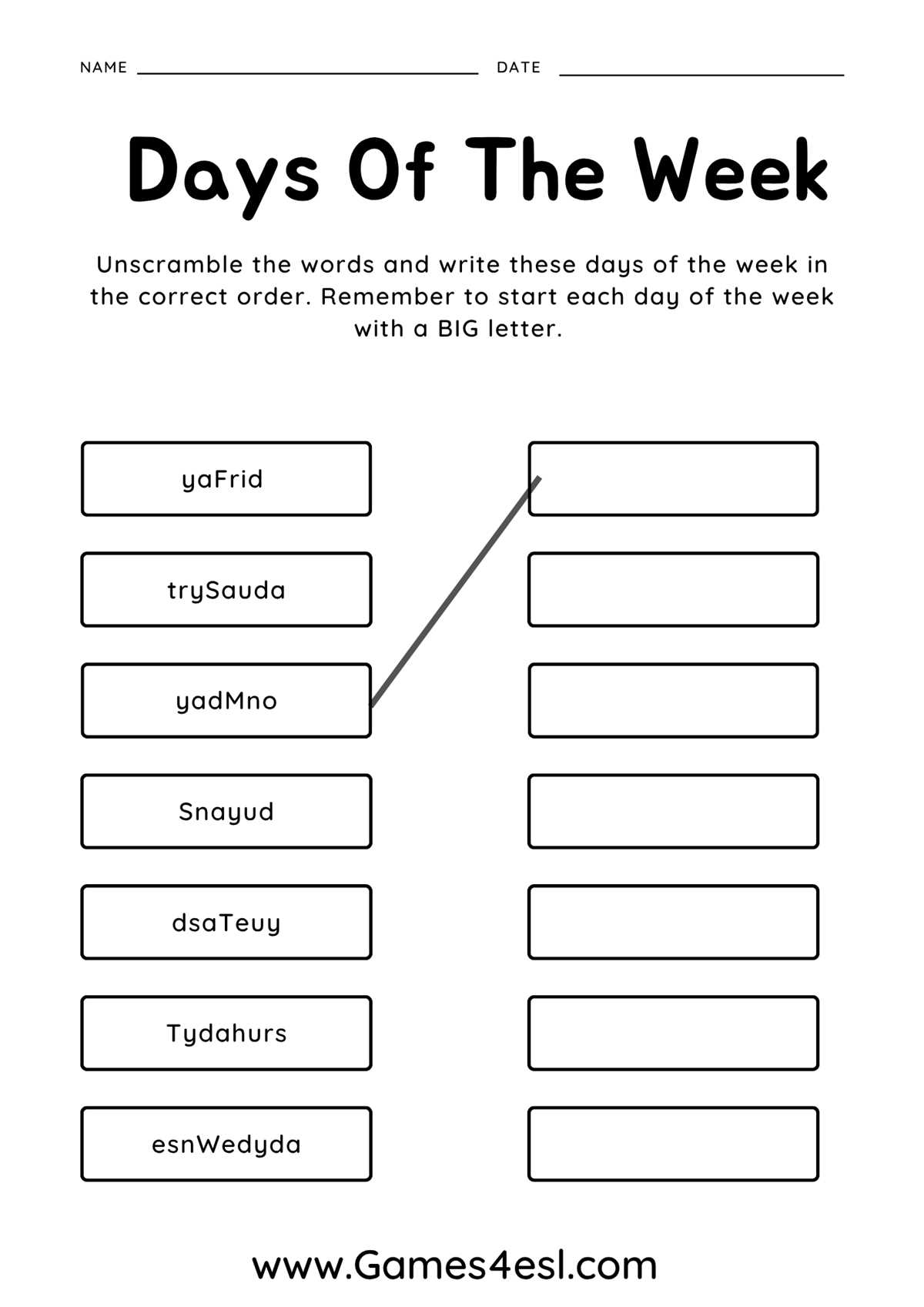 days of the week printable worksheet