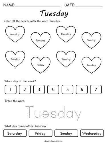 days of the week worksheet year 1
