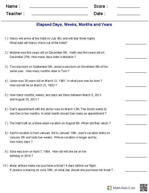 days weeks months years worksheets