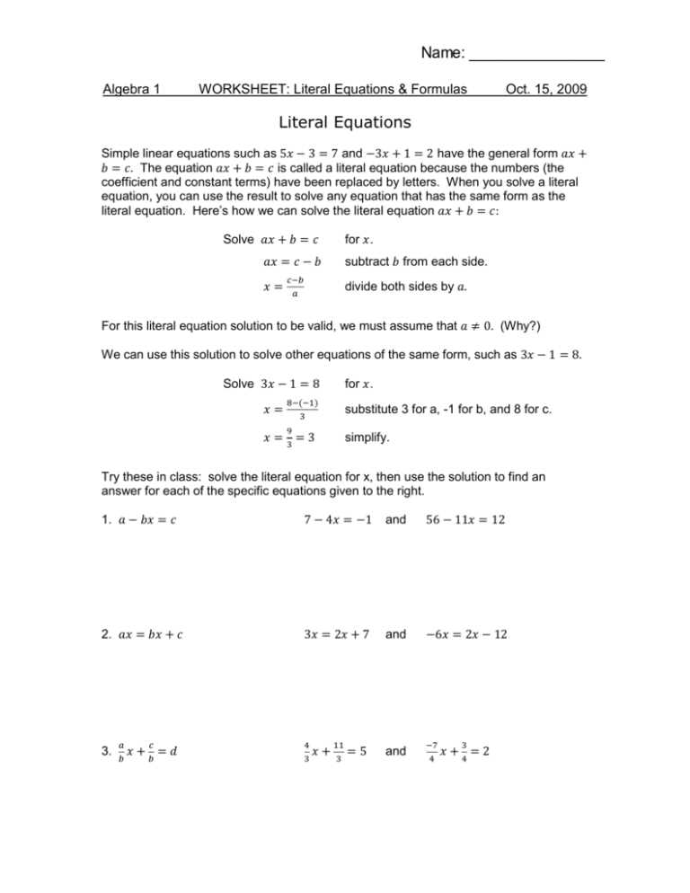 solving for literal equations worksheet