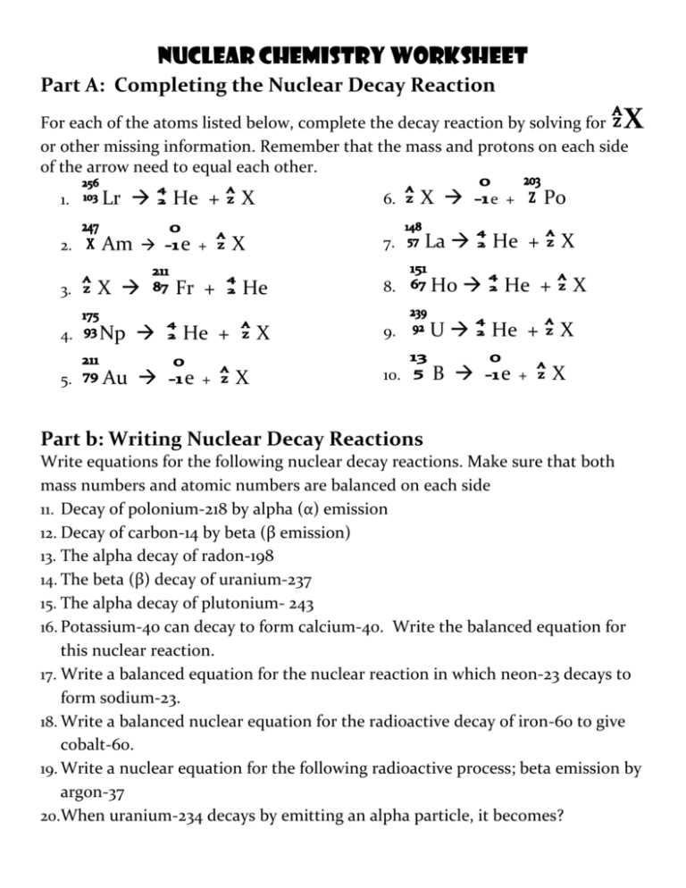 alpha decay equations worksheet