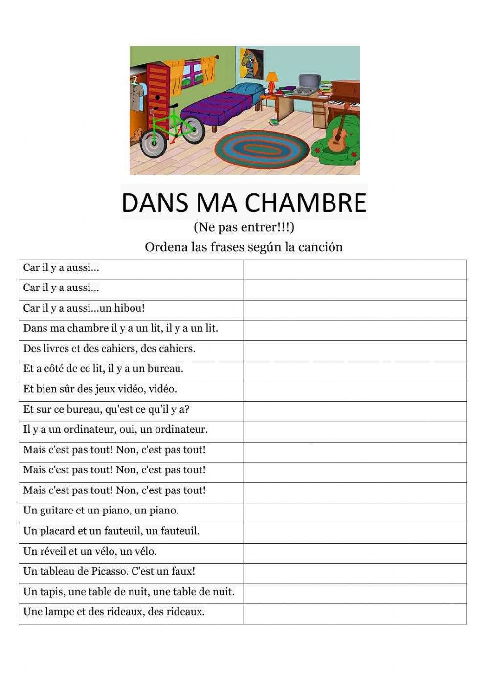 dans ma chambre worksheet