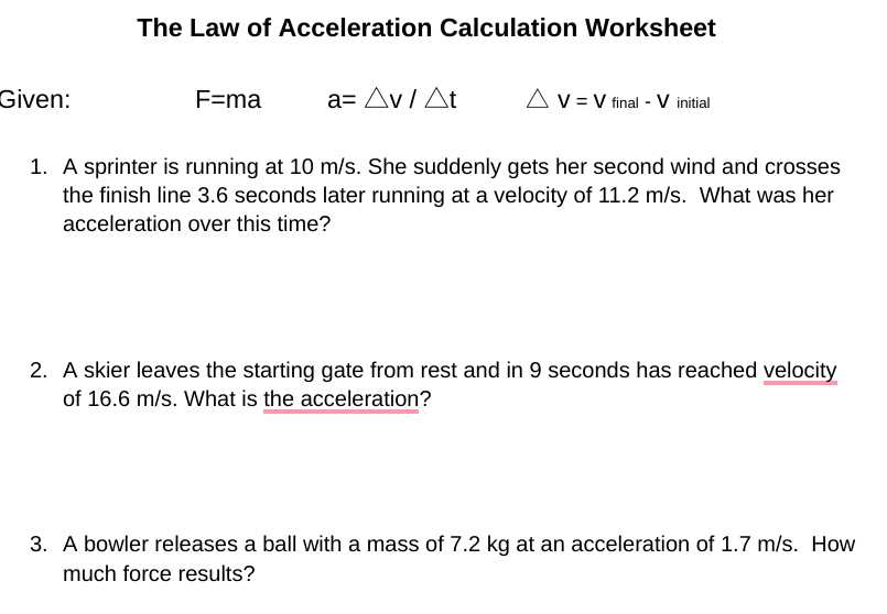 acceleration calculation worksheet