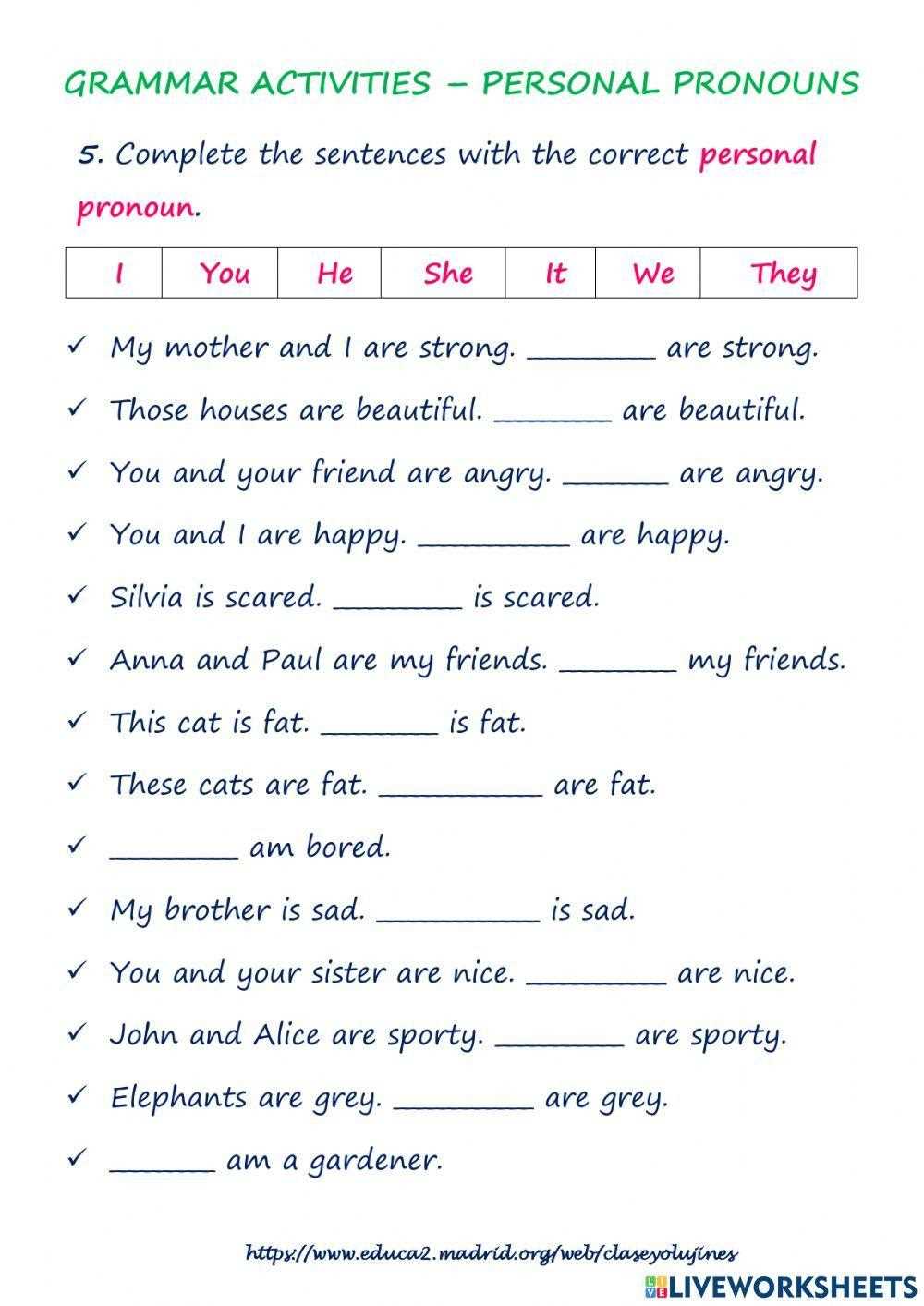 personal pronoun worksheets