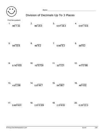 decimal divide worksheet
