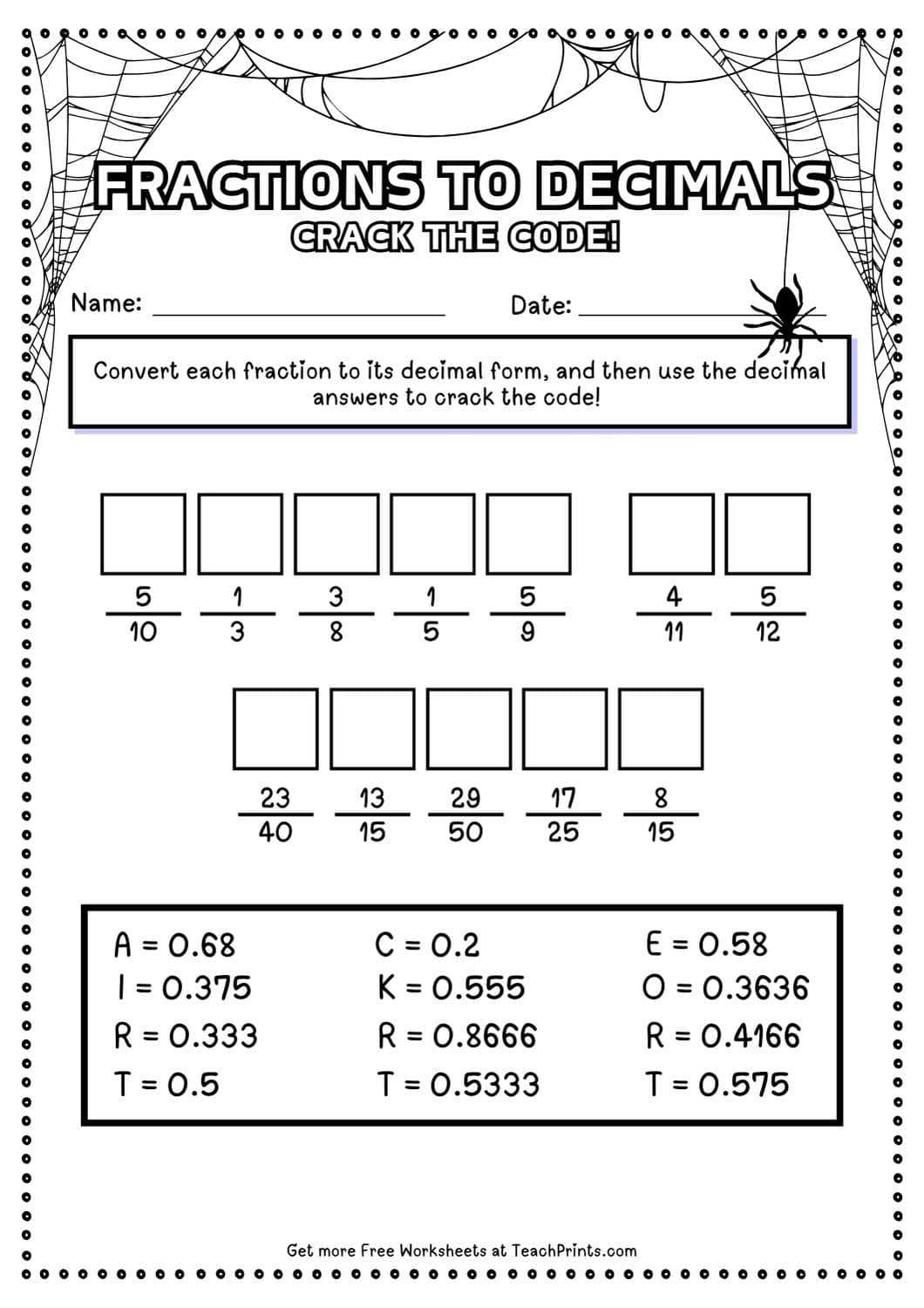 decimal fraction worksheet for class 6